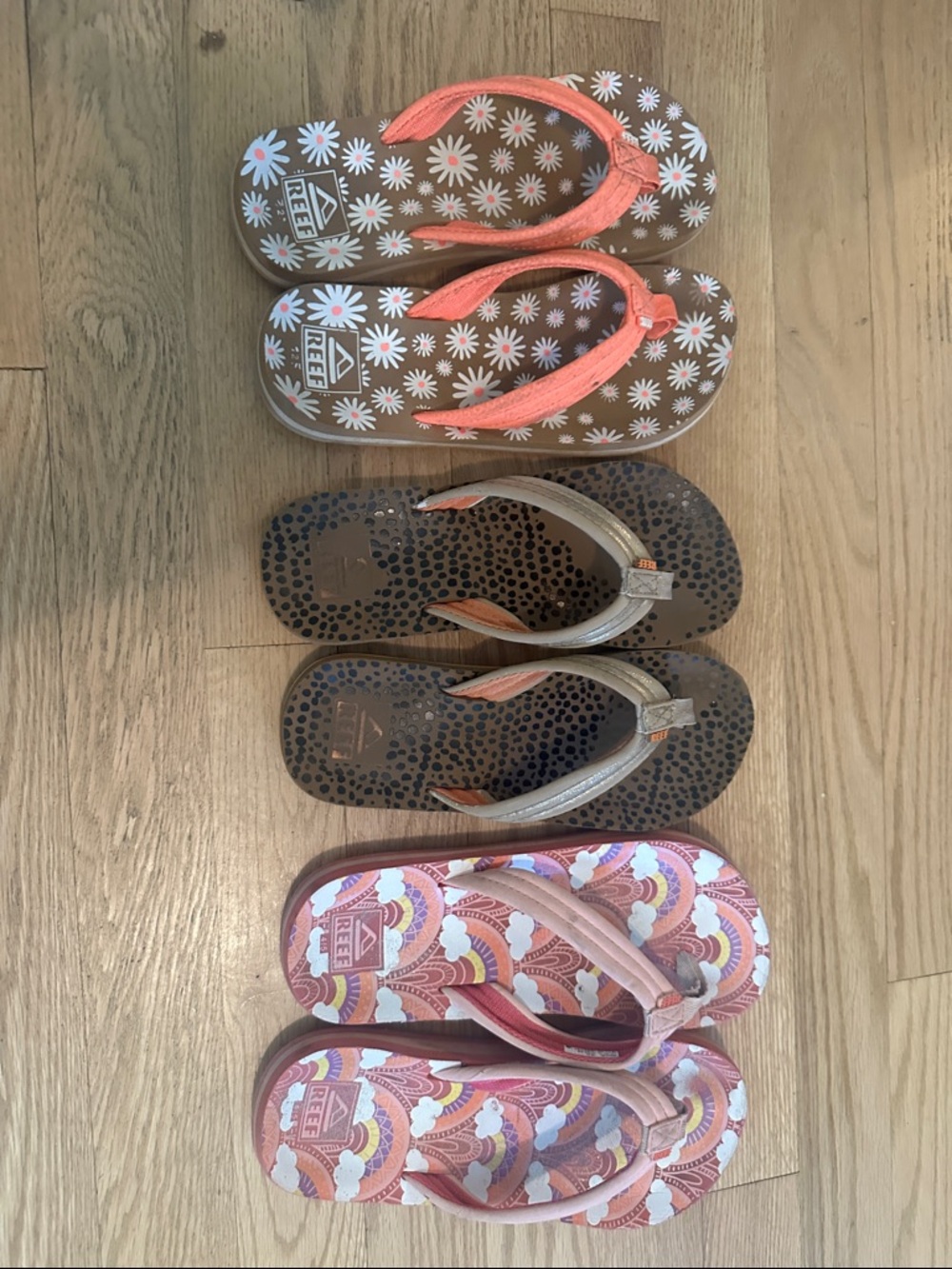 Reef Kids Patterned Flip Flop Trio - Coral, Brown, Pink